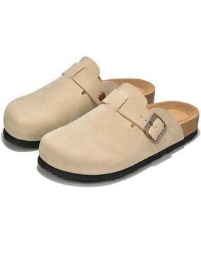 Women's Beige Leather Genuine Leather Cork Footbed Trendy Slip-On Mules Clogs